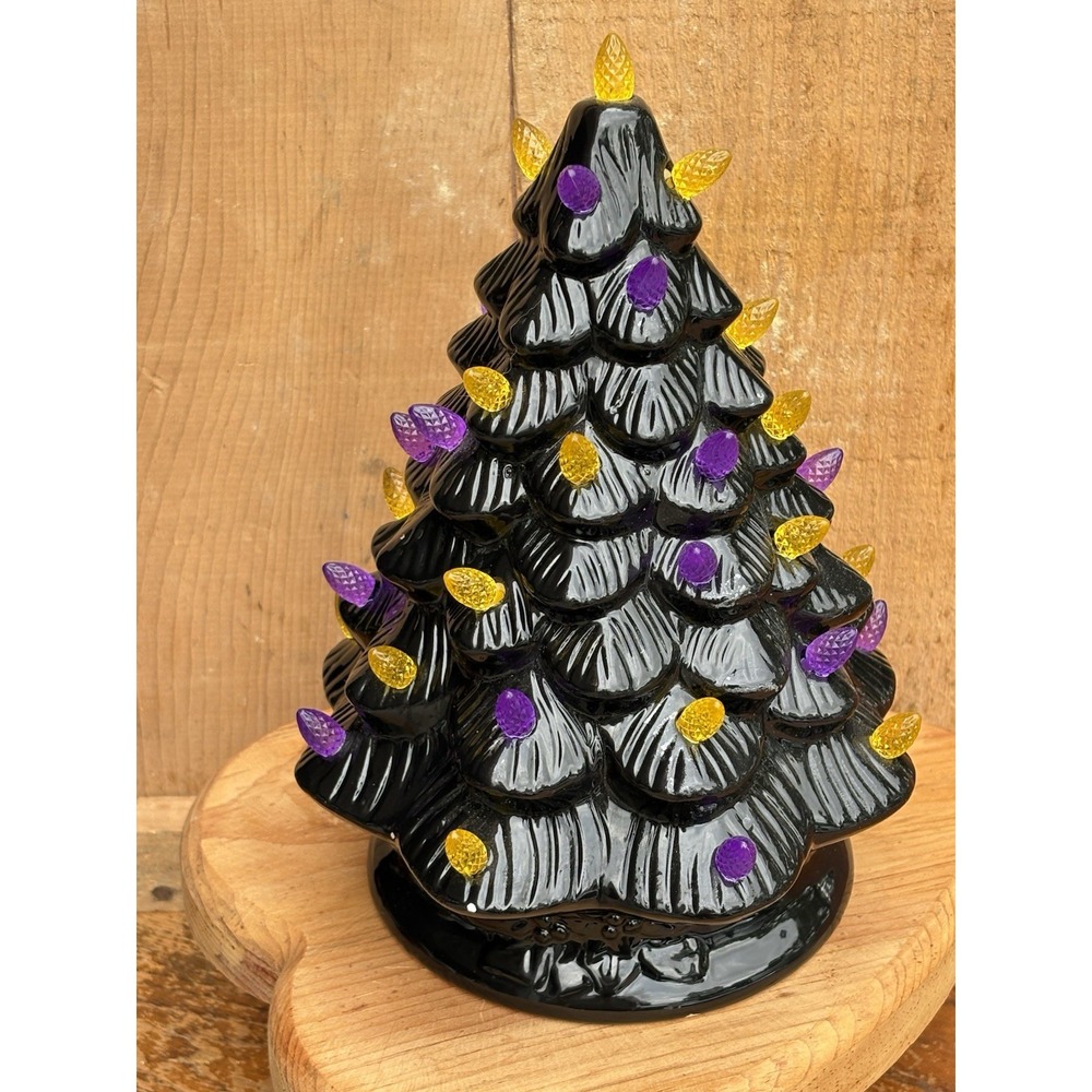 Halloween Light Up Ceramic Tree 8.5" Tall Battery Working Black Purple Orange - Picture 2 of 8